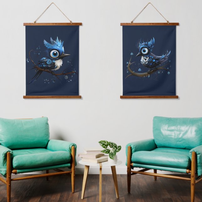 Blau und Weiß Abstrakt Blue Jay Couple Wandteppich Mit Holzrahmen (Wohnzimmer)