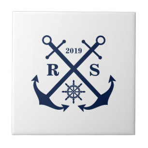 Blau und Weiß Anker personalizable nautical Fliese