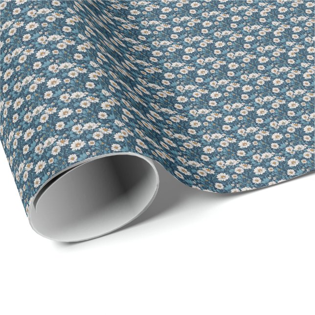 Blau und Weiß bemalte Blumengestaltung Geschenkpapier (Rolleneckpunkt)