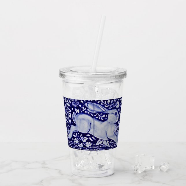 Blau und Weiß Bunny Rabbit Tile Wraparound Kunst Acryltrinkbecher (Rückseite Ice)