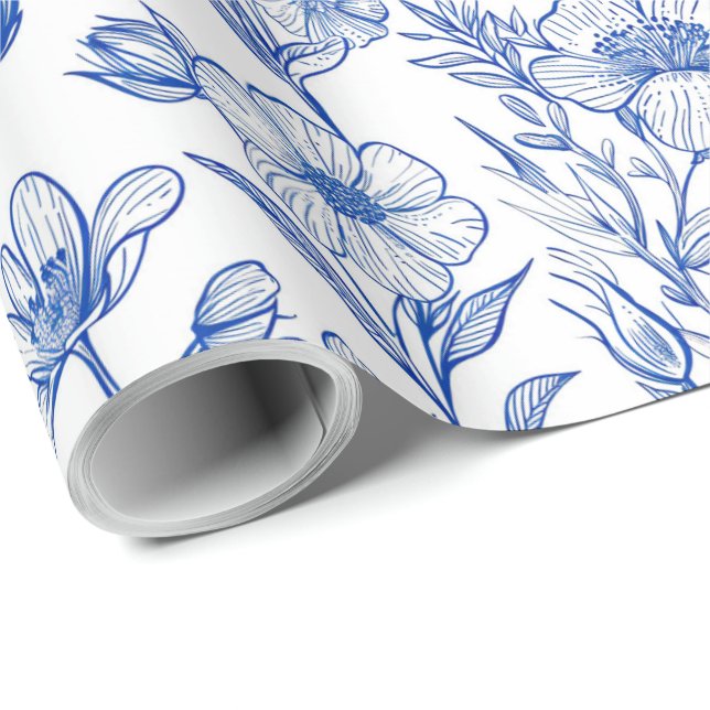 Blau und Weiß Chinoiserie Blumen Geschenkpapier (Rolleneckpunkt)