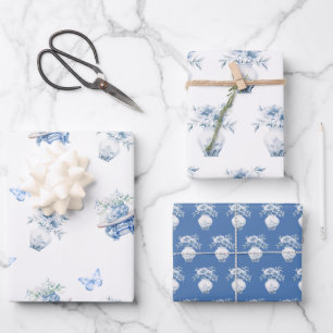 Blau und Weiß Chinoiserie Blumen Geschenkpapier Set