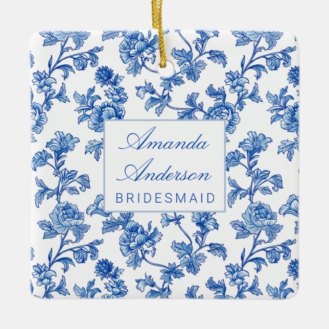 Blau und Weiß Chinoiserie Bridesmaid Geschenk Keramikornament (Vorderseite)