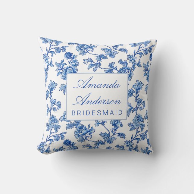Blau und Weiß Chinoiserie Bridesmaid Geschenk Kissen (Vorderseite)