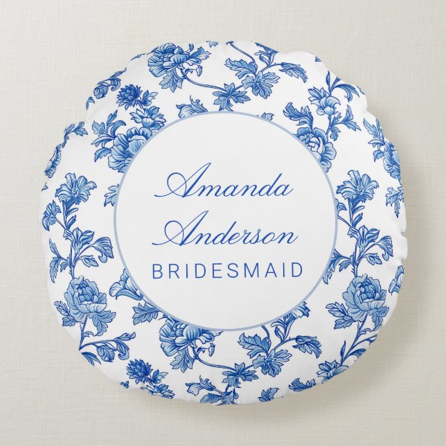Blau und Weiß Chinoiserie Bridesmaid Geschenk Rundes Kissen (Vorderseite)