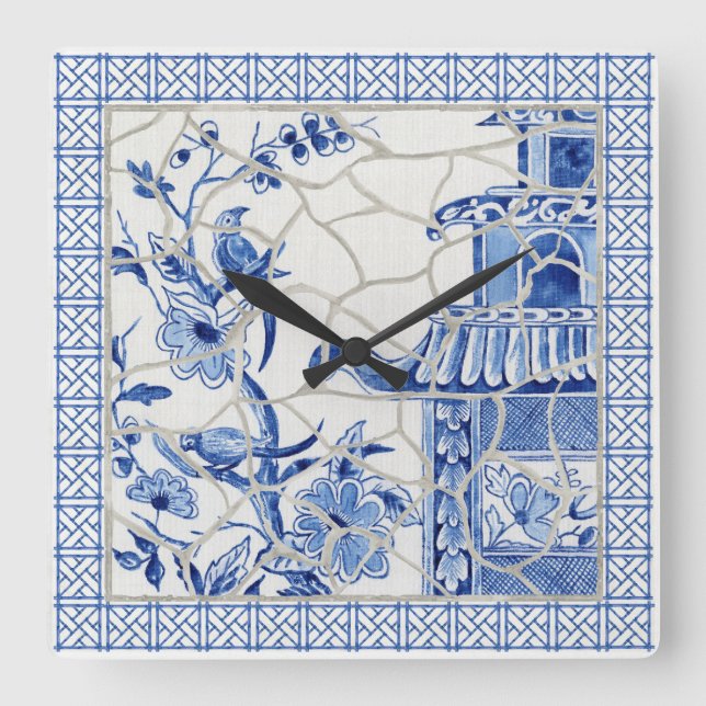 Blau und Weiß Chinoiserie Chic Bird Blumenmosaik Quadratische Wanduhr (Vorderseite)