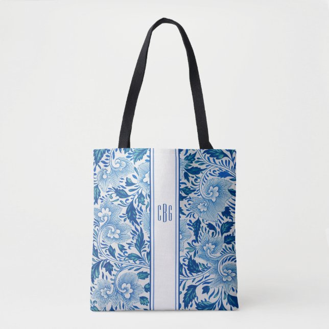 Blau und Weiß Chinoiserie Chic Tasche mit Monogram (Vorderseite)