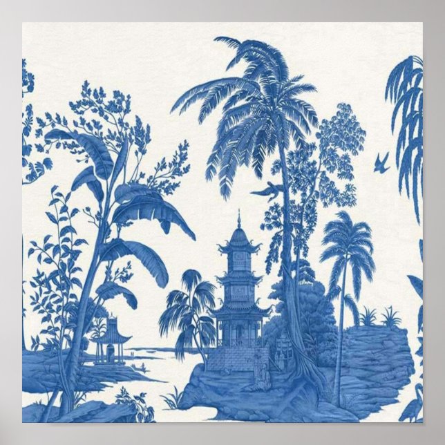 Blau und Weiß Chinoiserie Chinesisch Oriental Poster (Vorne)
