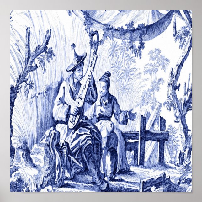 Blau und Weiß Chinoiserie Chinesisch Oriental Poster (Vorne)