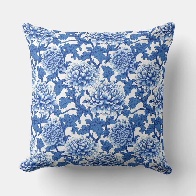 Blau und Weiß Chinoiserie Peony Floral Kissen (Vorderseite)