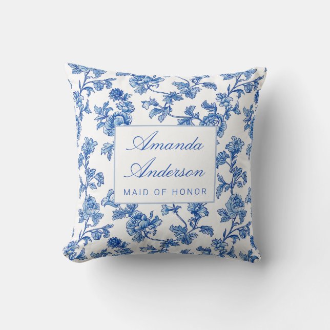 Blau und Weiß Chinoiserie Trauzeugin Geschenk Kissen (Vorderseite)