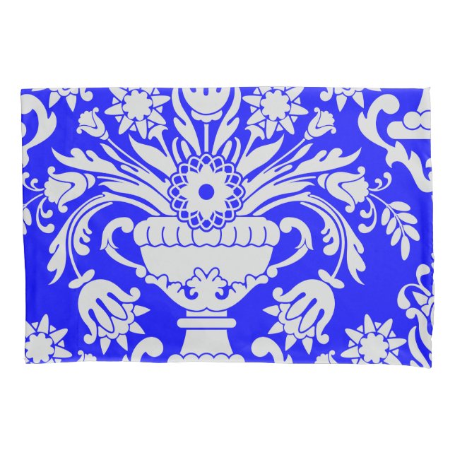 Blau und Weiß Damask Blumenelegant Kissenbezug (Vorderseite)