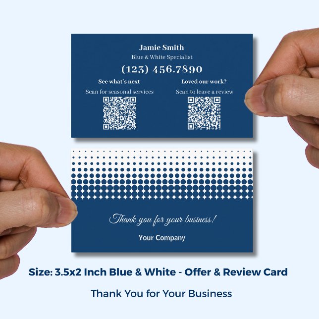 Blau und Weiß - Danke mit Bewertungsaufforderung Visitenkarte (Blue and White - Thank You with Review Prompt Business Card; Size 3.5x2 Inch (US) )