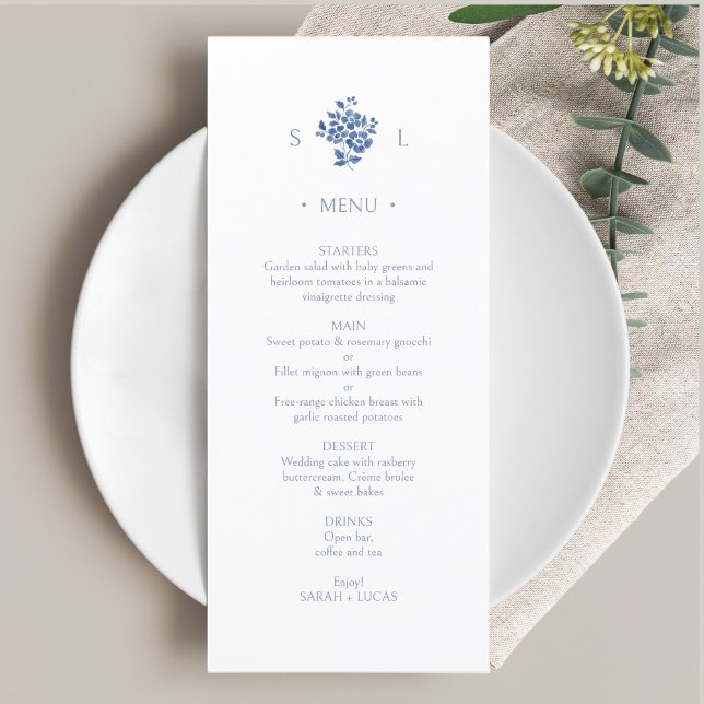 Blau und Weiß | Floral Monogram Flat Wedding Menu Menükarte (Von Creator hochgeladen)