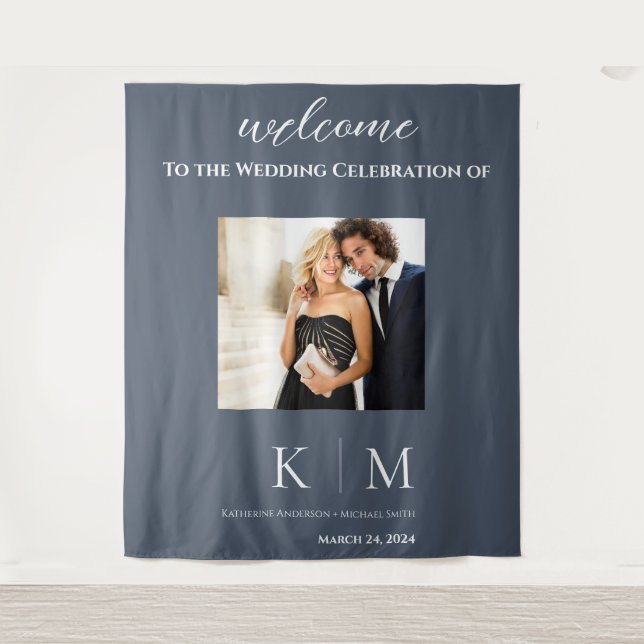 Blau und Weiß-Foto-Hochzeit- Wandteppich (Vorderseite)