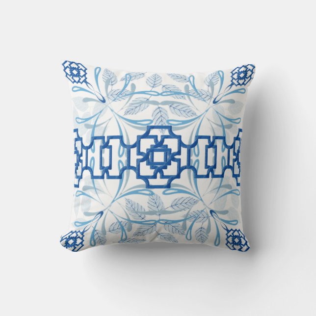 Blau und Weiß Geometrische Chinoiserie Kissen (Vorderseite)