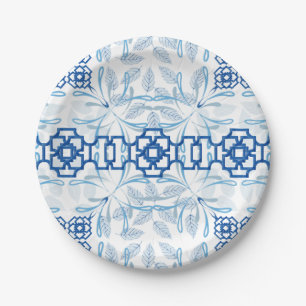Blau und Weiß Geometrische Chinoiserie Pappteller