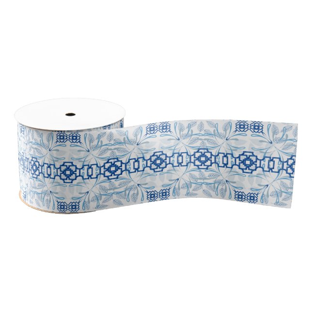 Blau und Weiß Geometrische Chinoiserie Ripsband (Spule)