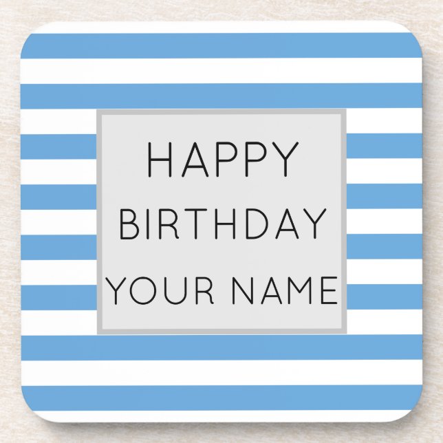 Blau und Weiß gestreift glücklich Geburtstag Getränkeuntersetzer (Vorderseite)