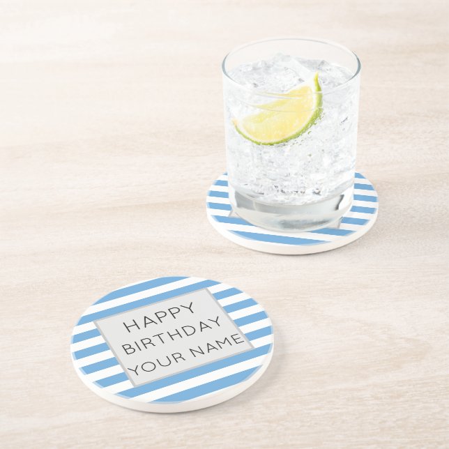 Blau und Weiß gestreift glücklich Geburtstag Getränkeuntersetzer (Seite)