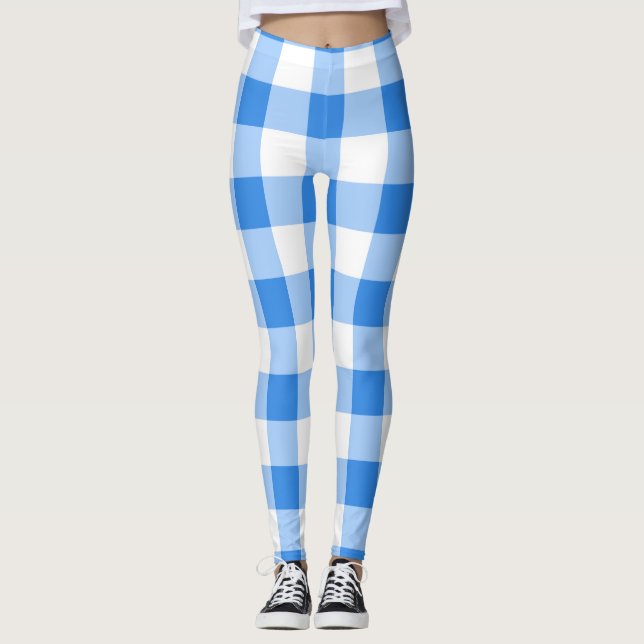 Blau und Weiß Gingham Prüfmuster Leggings (Vorderseite)