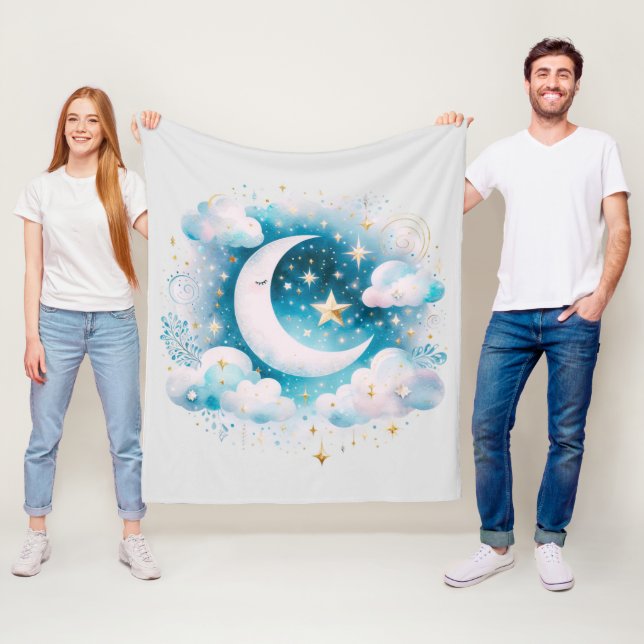 Blau und Weiß Halbmond Celestial Boho Moderne Fleecedecke (Beispiel)