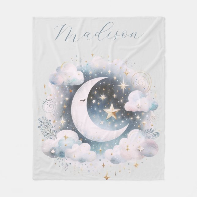 Blau und Weiß Halbmond Celestial Boho Moderne Fleecedecke (Vorderseite)