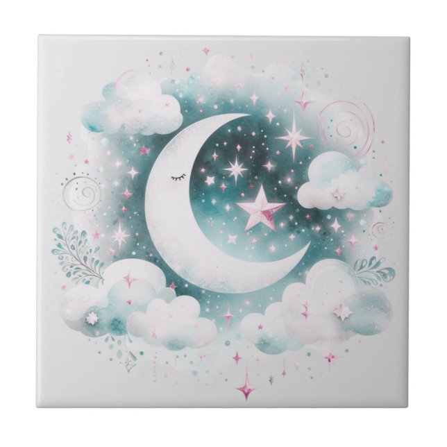 Blau und Weiß Halbmond Celestial Boho Moderne Fliese (Vorderseite)