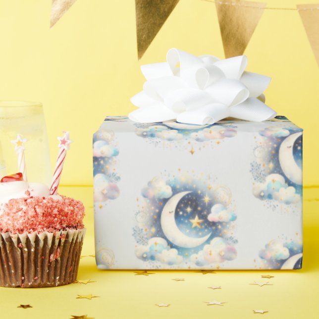 Blau und Weiß Halbmond Celestial Boho Moderne Geschenkpapier (Geburtstagsparty)