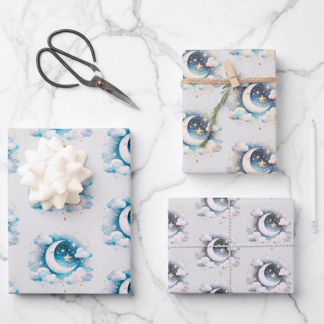 Blau und Weiß Halbmond Celestial Boho Moderne Geschenkpapier Set (Vorderseite)