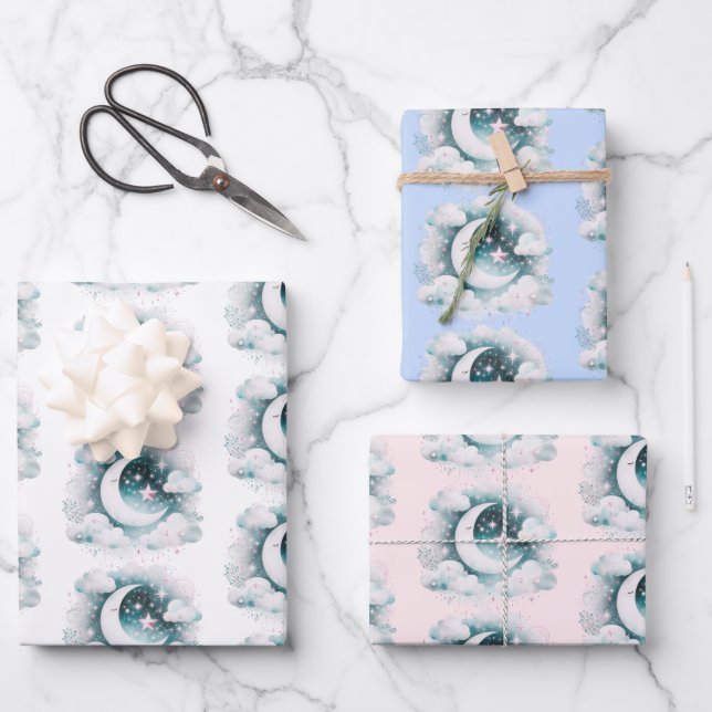 Blau und Weiß Halbmond Celestial Boho Moderne Geschenkpapier Set (Vorderseite)