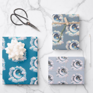 Blau und Weiß Halbmond Celestial Boho Moderne Geschenkpapier Set