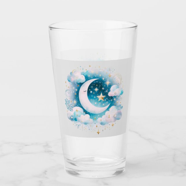 Blau und Weiß Halbmond Celestial Boho Moderne Glas (Vorderseite)