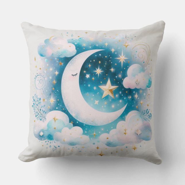 Blau und Weiß Halbmond Celestial Boho Moderne Kissen (Vorderseite)