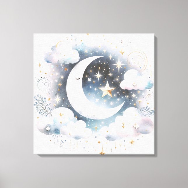 Blau und Weiß Halbmond Celestial Boho Moderne Leinwanddruck (Vorderseite)