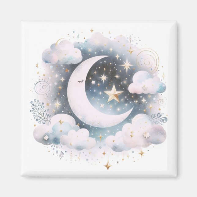 Blau und Weiß Halbmond Celestial Boho Moderne Magnet (Vorne)