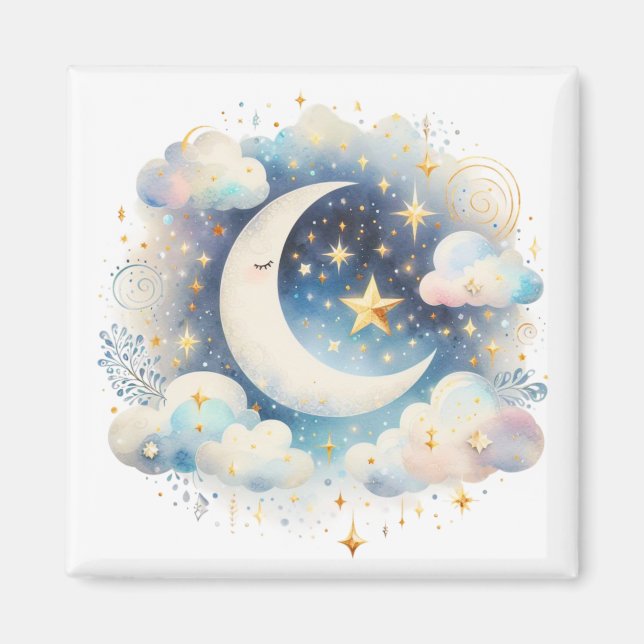 Blau und Weiß Halbmond Celestial Boho Moderne Magnet (Vorne)