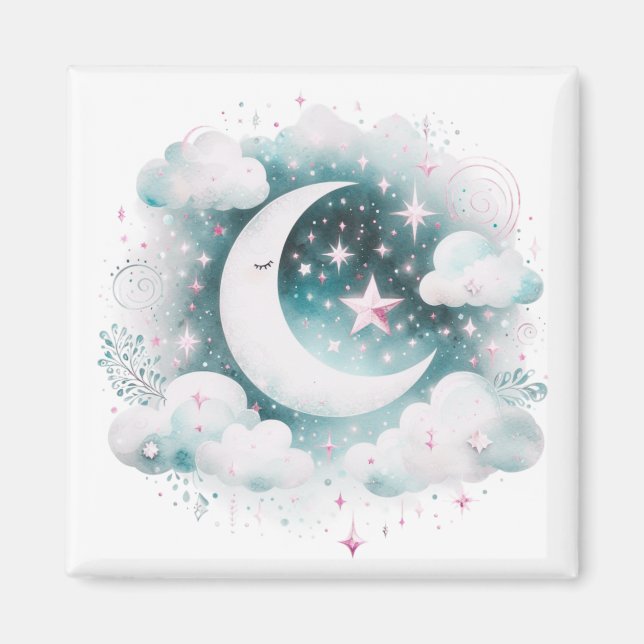 Blau und Weiß Halbmond Celestial Boho Moderne Magnet (Vorne)