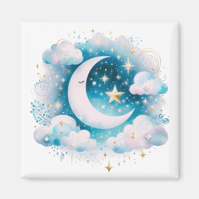 Blau und Weiß Halbmond Celestial Boho Moderne Magnet (Vorne)
