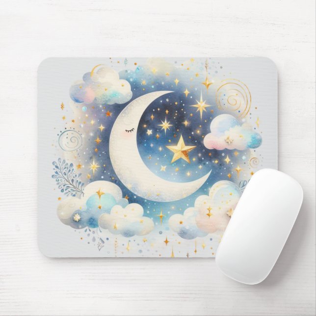 Blau und Weiß Halbmond Celestial Boho Moderne Mousepad (Mit Mouse)