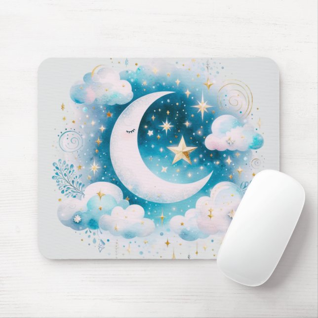 Blau und Weiß Halbmond Celestial Boho Moderne Mousepad (Mit Mouse)