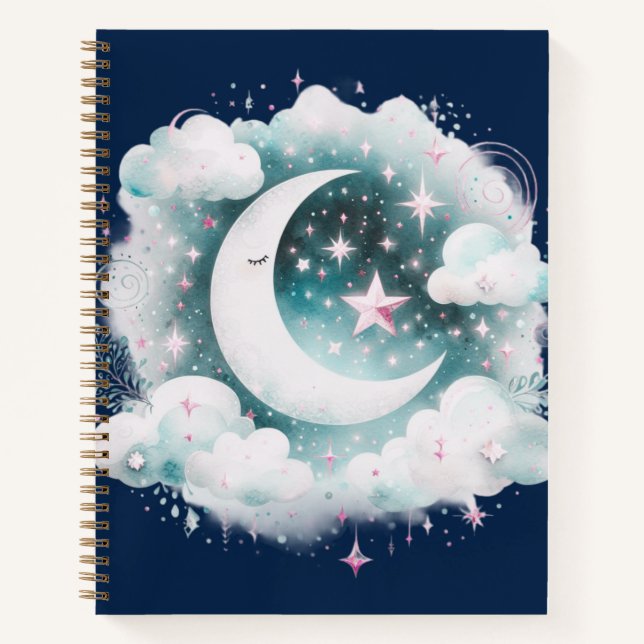 Blau und Weiß Halbmond Celestial Boho Moderne Notizbuch (Vorderseite)