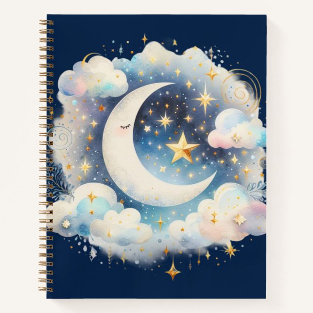 Blau und Weiß Halbmond Celestial Boho Moderne Notizbuch (Vorderseite)