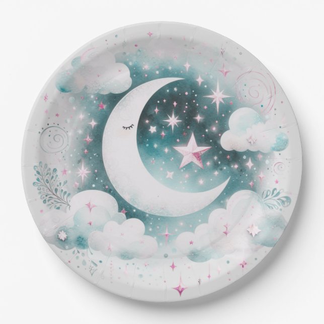 Blau und Weiß Halbmond Celestial Boho Moderne Pappteller (Vorderseite)