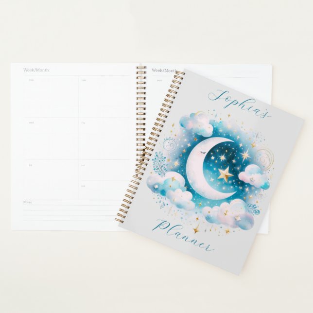 Blau und Weiß Halbmond Celestial Boho Moderne Planer (Anzeige)