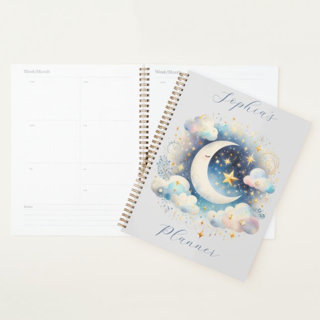 Blau und Weiß Halbmond Celestial Boho Moderne Planer (Anzeige)