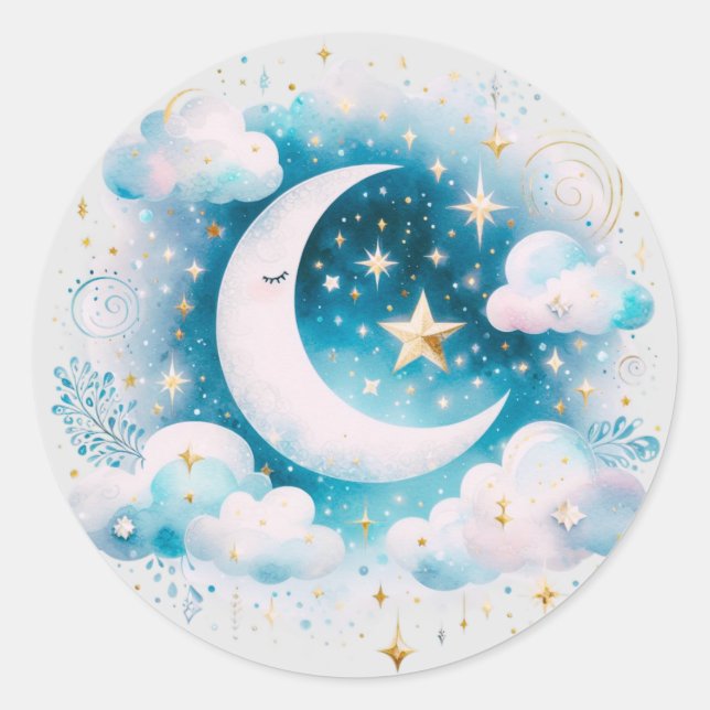 Blau und Weiß Halbmond Celestial Boho Moderne Runder Aufkleber (Vorderseite)