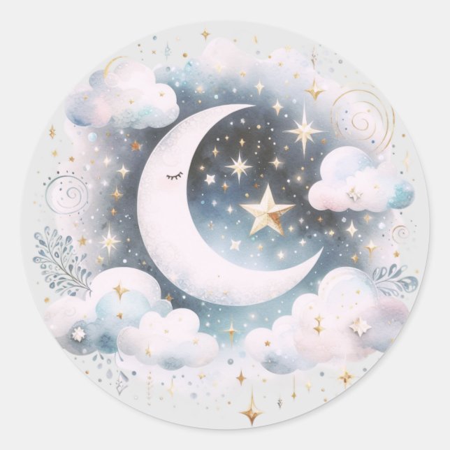 Blau und Weiß Halbmond Celestial Boho Moderne Runder Aufkleber (Vorderseite)