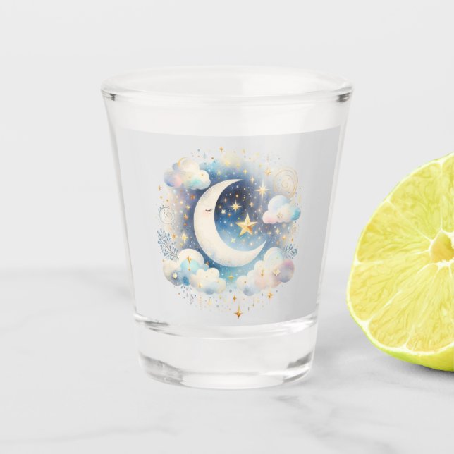 Blau und Weiß Halbmond Celestial Boho Moderne Schnapsglas (Vorderseite)