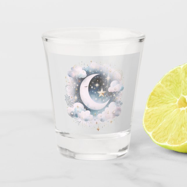 Blau und Weiß Halbmond Celestial Boho Moderne Schnapsglas (Vorderseite)